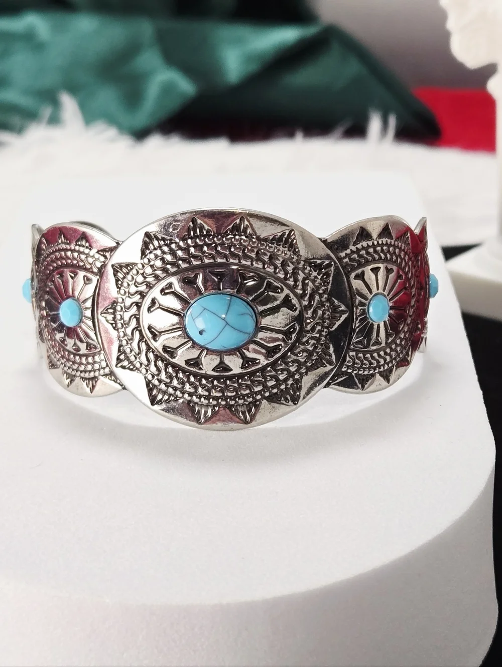 Turquoise Concho Cuff Bracelet Western Silver Open Bangle Statement Cowgirl Chic